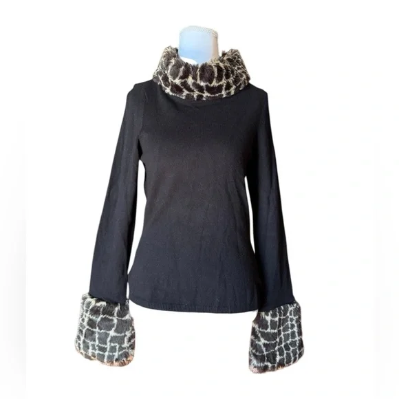 INC Y2K Black Sweater w/ Giraffe Print Faux Fur Collar & Bell Cuffs Medium - Picture 2 of 10